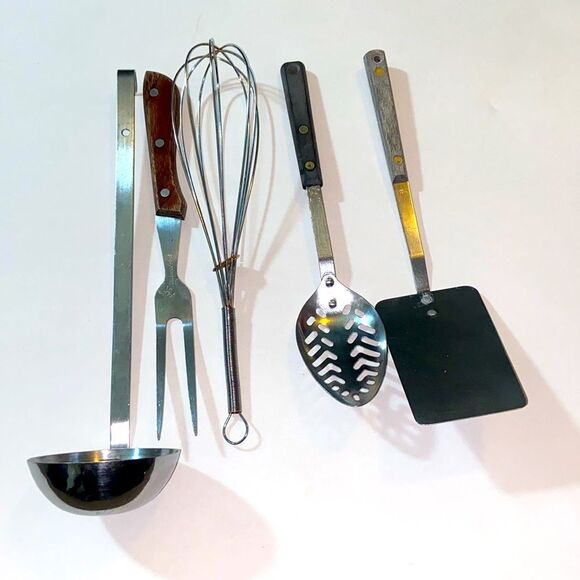 Vintage Other - Vtg,Stainless Steel Kitchen Utensil Set 5 with Wooden Accents
